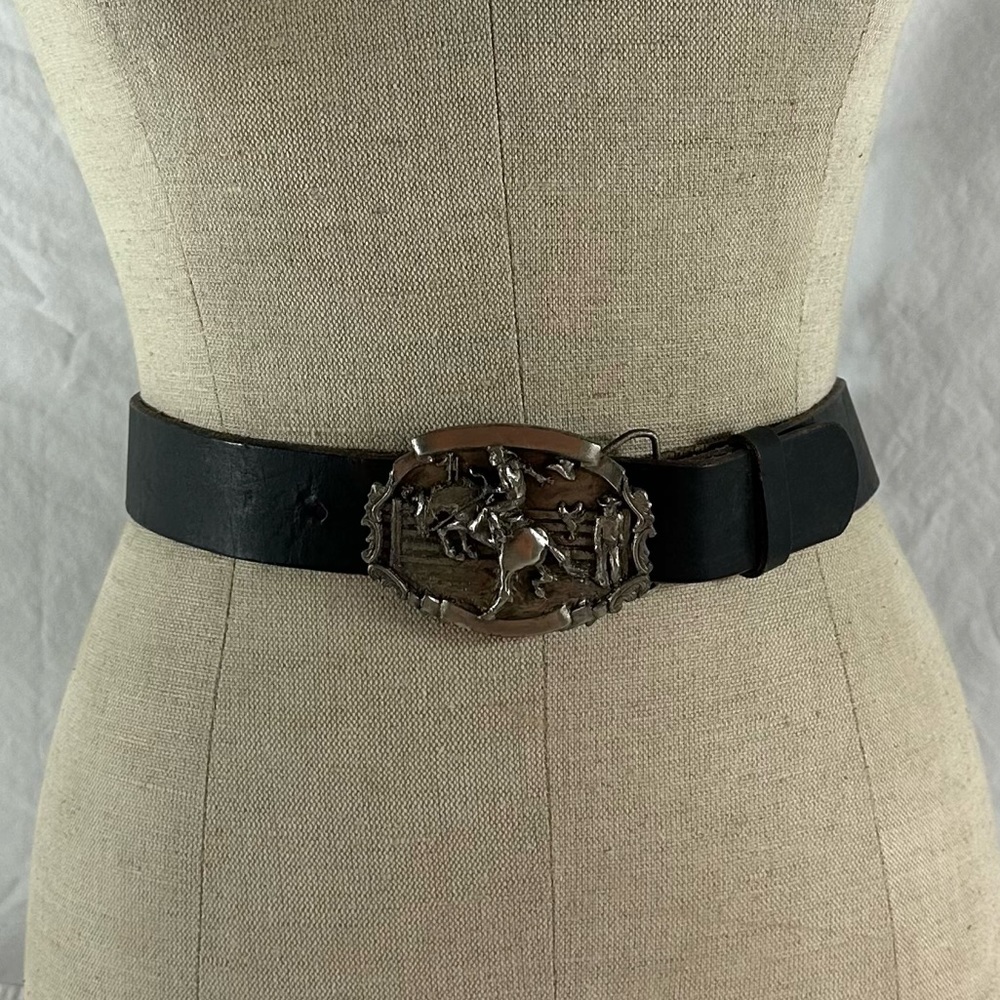 Vintage Bergamot Brass Works 1981 Rodeo cowboys belt buckle and black belt  38 - Picture 9 of 11